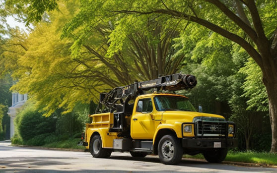 A tow truck is parked on a tree-lined street.