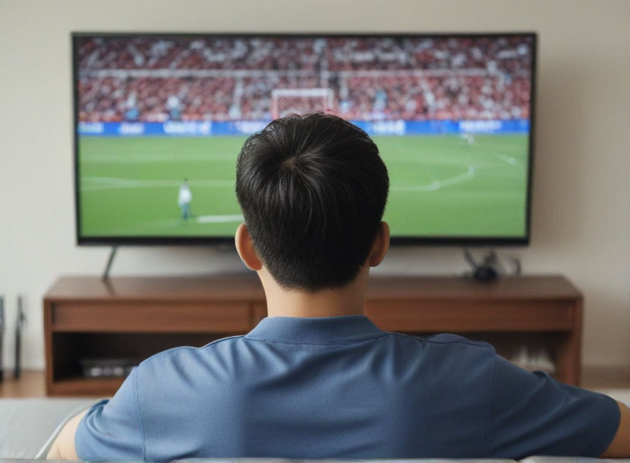 A Korean man watching the TV. On the display is a soccer match.
