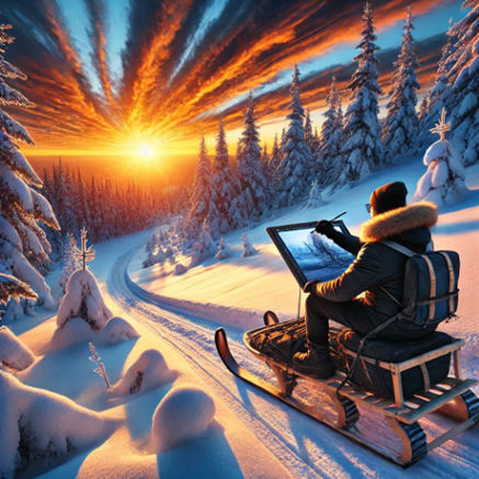 A snow-covered mountain scene with a Timbersled rider paused, sketching trees and a vibrant sunset.